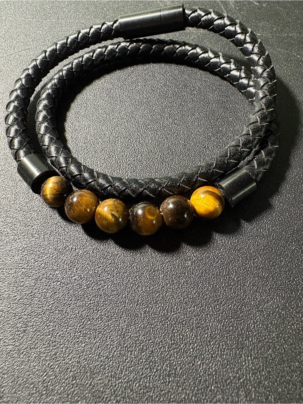 Black Braided Leather Wrap Bracelet with Tiger Eye Beads